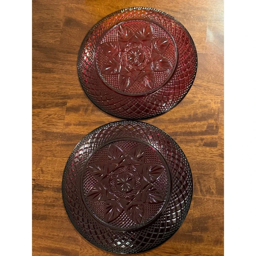 Vintage Ruby Red Glass Dessert Plates Set of 2 Starburst MADE IN FRANCE